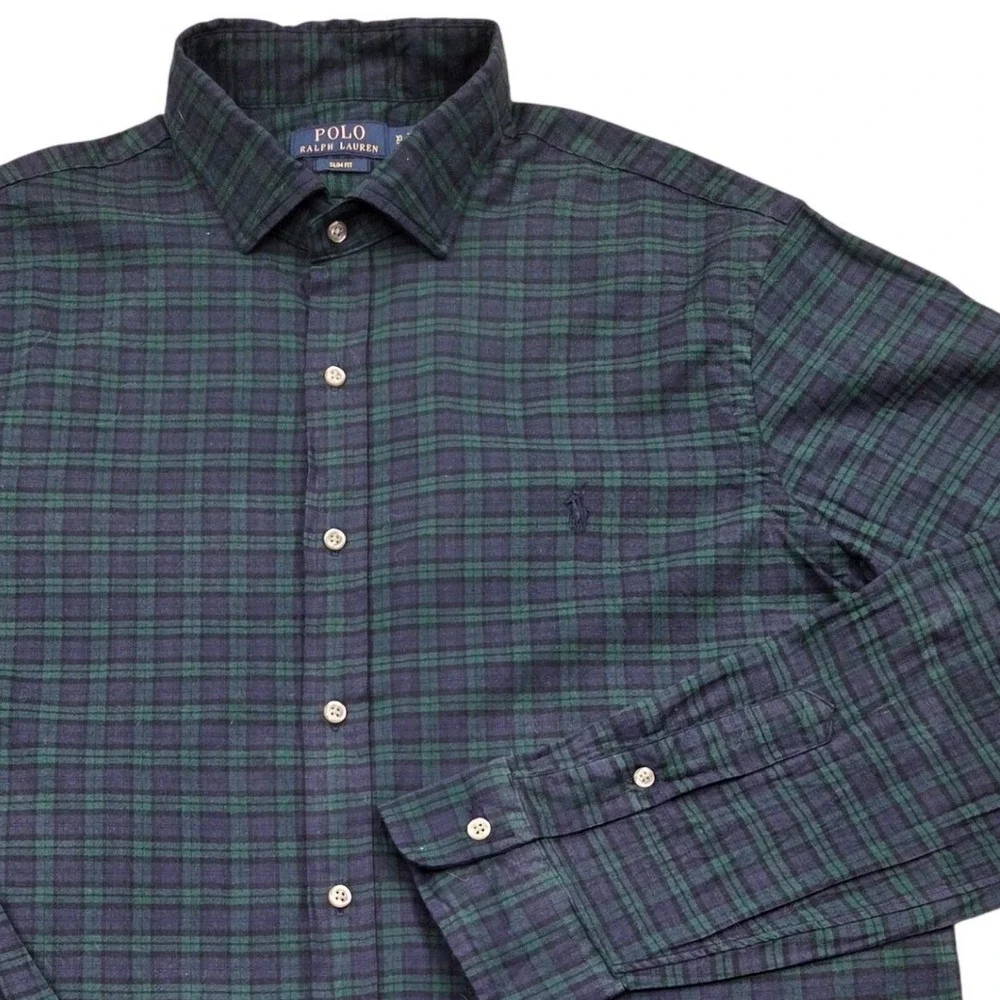 Polo Ralph Lauren Slim Fit Button Shirt Navy Blue Green‎ Plaid Mens XL